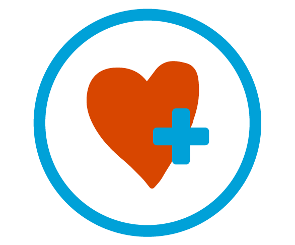 Blue circular outline with a red heart and blue plus symbol