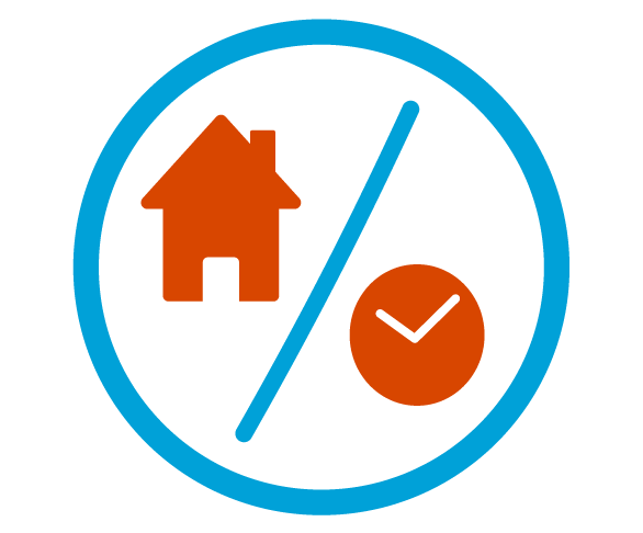 Blue circular outline with a red house and clock icons