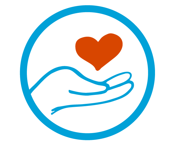 Blue circular outline with an illustration of a hand cupping a red heart