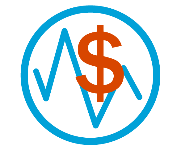 Blue circular outline with a blue line graph and red dollar symbol