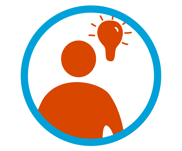 Blue circular outline with a red person icon and light bulb