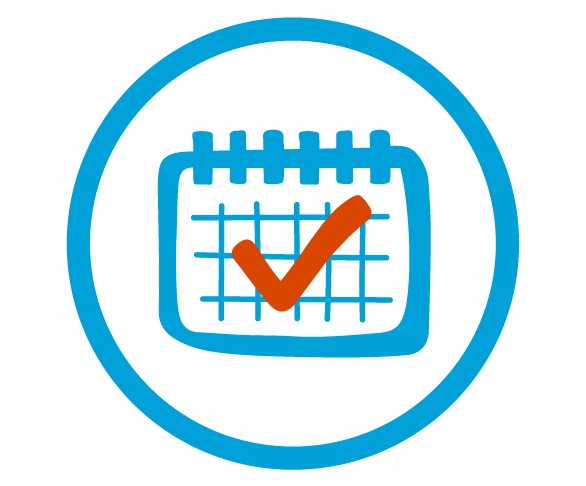 Blue circular outline with a blue calendar illustration with a red check mark in the middle